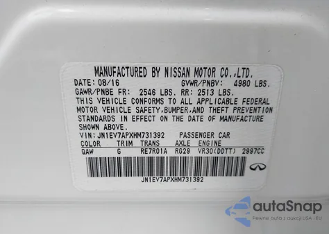 2017 Infiniti Q50 3.0T Sport z USA, uszkodzony, nr VIN JN1EV7APXHM731392